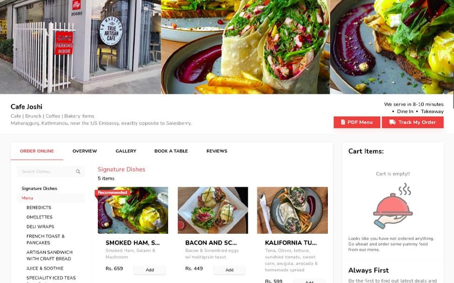 The Cafe Joshi site, showing the menu with signature dishes and the cart.